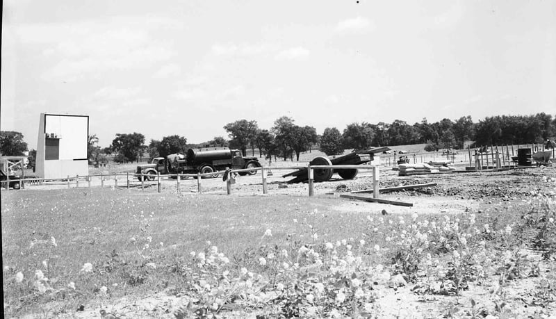 East Drive-in under construction during the spring of 1950. Above picture appeared in the Auburn Citizen-Advertiser on June 30, 1950, accompanying an article for the drive-in's opening night. Look closely and you can see the screen receiving its first c
