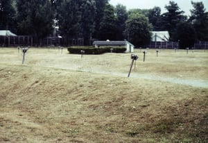 Small projection building sitting on well-maintained grassy field