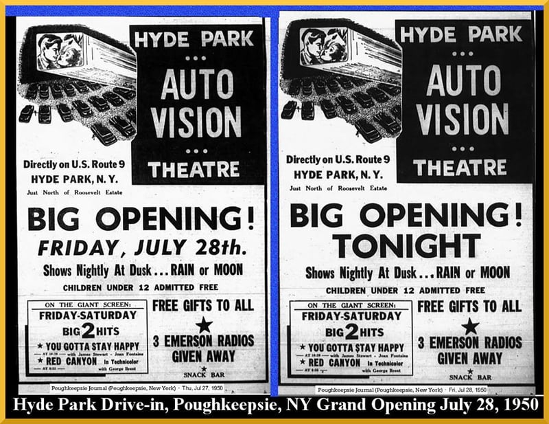 Hyde Park Drive-in Grand Opening Ad from the Poughkeepsie Journal July 28, 1950.