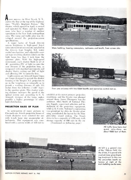 May 16, 1962 issue of Motion Picture Herald. This drive-in claimed to be the "world's brightest screen". The Nyack had room for 1250 cars that enjoyed a screen of 125 feet in width.