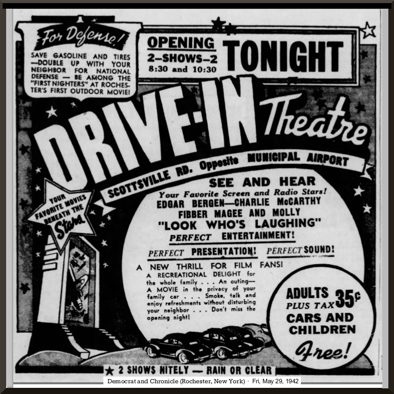 Grand opening ad for the Rochester Drive-in on Scottsville Road dated May 29, 1942