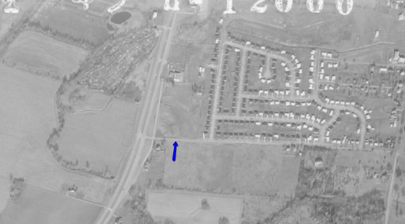 Aerial photo from 1967 of drive-in location on northeast corner of Moon Rd at Ledbetter Rd, which used to be Cincinnati Pike at Babb Road when the drive-in was in operation from 1947-1957. The barley visible ramps can be seen in this aerial photo, ten yea