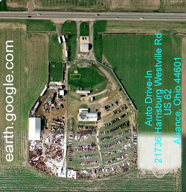 Auto Drive-In, Alliance, Ohio 44601 Yellow rectangle in grass area is a swingset.