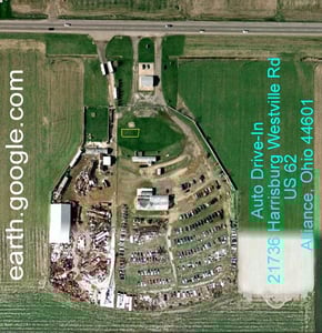 Auto Drive-In, Alliance, Ohio 44601 Yellow rectangle in grass area is a swingset.