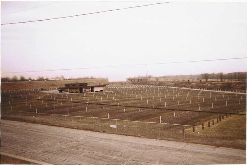 This is the screen 1 lot and concession building with the projection room upstairs. Screen 2 and it's lot is in the background. The Ohio Turnpike is on the left and the railroad tracks are on the right.