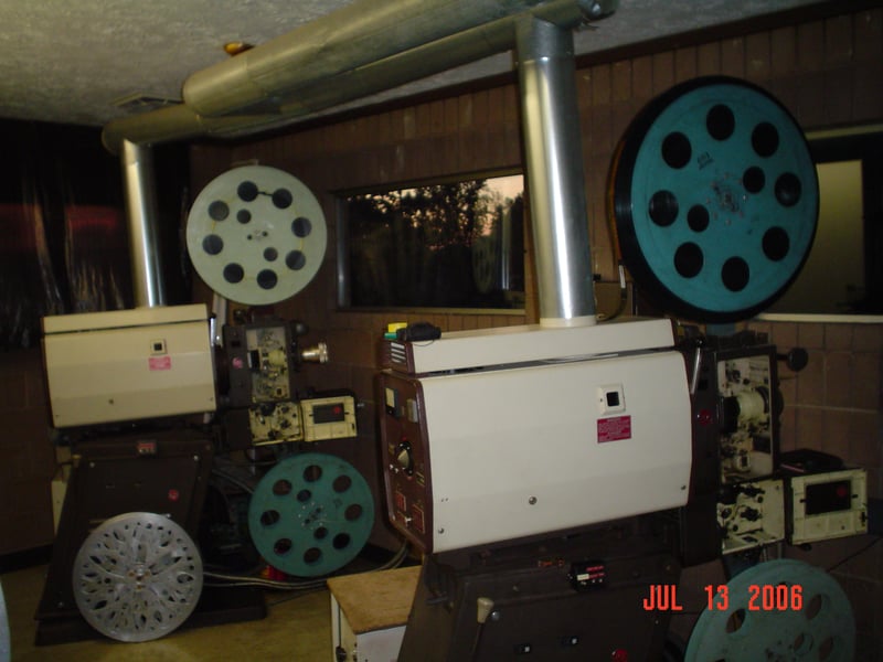 These are the projectors for Screen 2. It made me nervous to see the film filled up over the edge of the reel on the right projector.