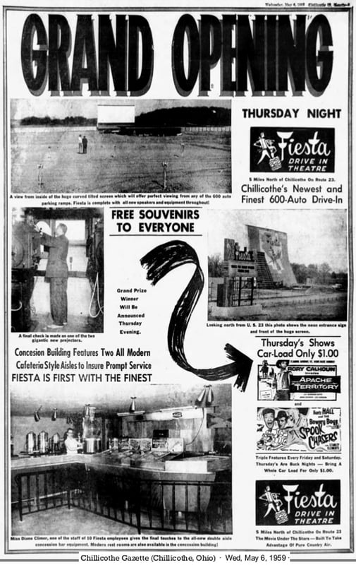 Full newspaper page grand opening ad for the Fiesta Drive-in, Chillicothe, Ohio dated May 6, 1959