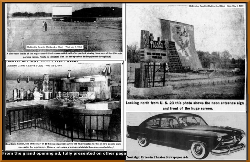 Inserts from full newspaper page grand opening ad for the Fiesta Drive-in, Chillicothe, Ohio dated May 6, 1959