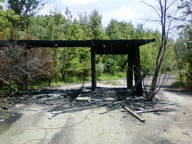 Another picture of the burnt ticket booth, facing the entrance off Rt. 68.  Though burnt, it still stands.