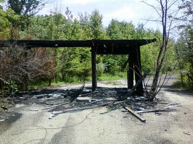 Another picture of the burnt ticket booth, facing the entrance off Rt. 68. Though burnt, it still stands.