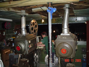 Here's projectionist Jamie Reding threading up the first reel of "The Bad News Bears" in the screen 1 projection booth.