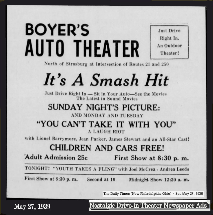 The official grand opening ad for Boyers Auto Theater, dated May 27, 1939. The name was changed to Lynns Auto Theater sometime in 1951, newspaper records show.