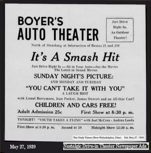 The official grand opening ad for Boyers Auto Theater, dated May 27, 1939. The name was changed to Lynns Auto Theater sometime in 1951, newspaper records show.