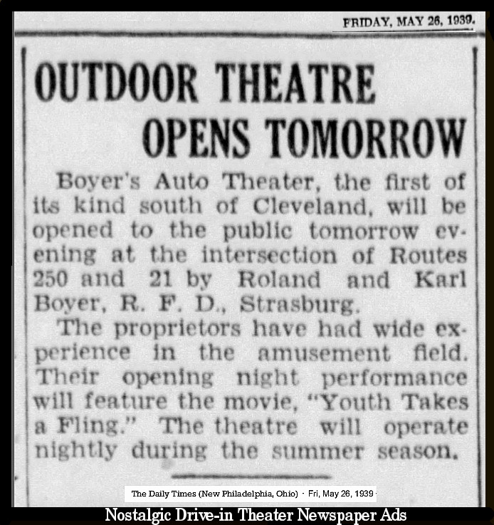 Grand opening article for Boyers Auto Theater, dated May 26, 1939. Name was changed to Lynns Auto Theater sometime in 1951, newspaper records show.