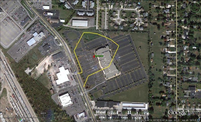 aerial view of with former site outlined-now Calvary Church