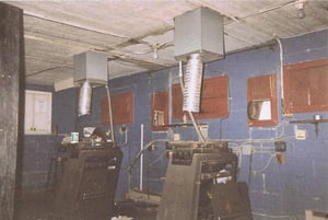 I am a little bit surprised that this picture of the projection booth turned out. It was almost pitch black except for a little bit of light coming from the portholes and the back door.