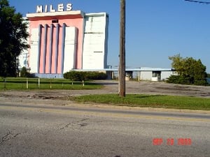 Picture taken from across the street of the screen tower and ticket booths. Also, notice the deterioating screen tower.