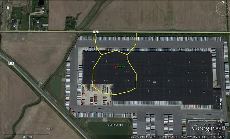 aerial view of with former site outlined-now a Lowes Distribution Center