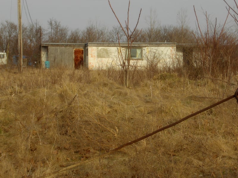 The concession stand with grown weeds around it.