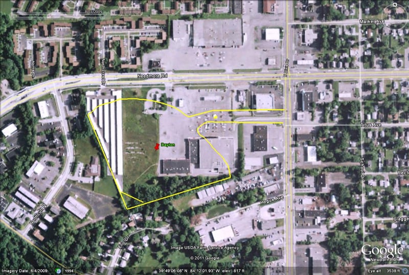 Google Earth image with outline of former site-entrance on N Dixie Dr-now a strip mall with a Kroger just south of Needmore