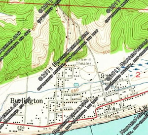 Topo map from 1965 of drive-in location in Burlington, Ohio, before the construction of US 52.
