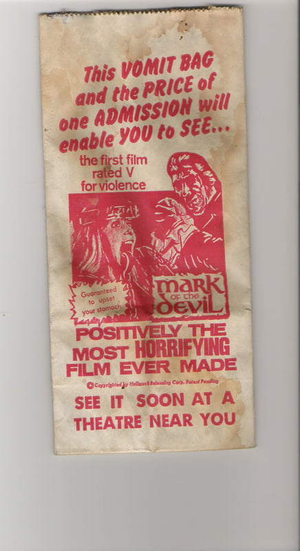 Promotional Item from a Drive-In around 44130 B Movie Mark of The Devil Vomit Bag