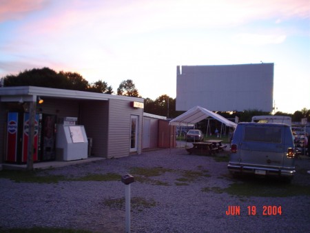 the side of the concession building and screen