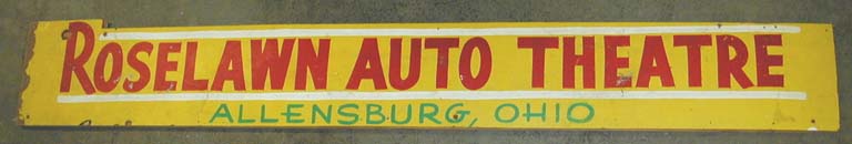 Masonite sign advertising the Roselawn Auto Theatre in Allensburg Ohio. Sign is listed for sale on eBay.