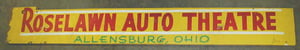 Masonite sign advertising the Roselawn Auto Theatre in Allensburg Ohio. Sign is listed for sale on eBay.