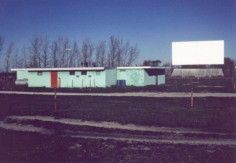 Projection/concession building in the morning sun. The projection ports are pointing towards screen no. 2