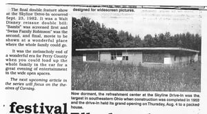 Newspaper article and photos about the Skyline Drive-In submitted by the author. Four parts to piece together. Credit should be given to the author and the Perry County Tribune