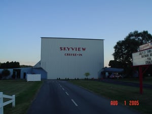 screen tower, ticket booth, and exit from the exit driveway