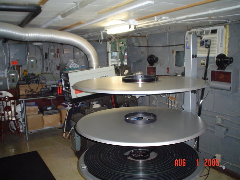 This is the projection booth. One deck of the platter is loaded to capacity with both features, "Batman Begins" and "Stealth."