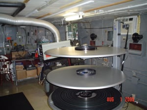 This is the projection booth. One deck of the platter is loaded to capacity with both features, "Batman Begins" and "Stealth."