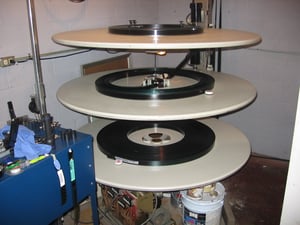 Platter system that feeds film to projector.