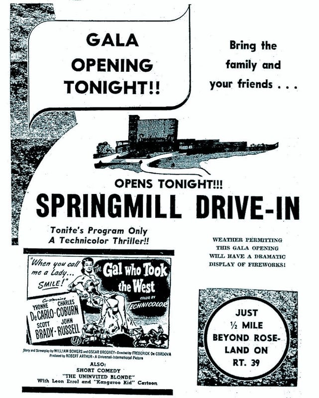 Springmill Drive-in Theater, on Route 39Springmill Road, grand opening ad dated June 17, 1950.