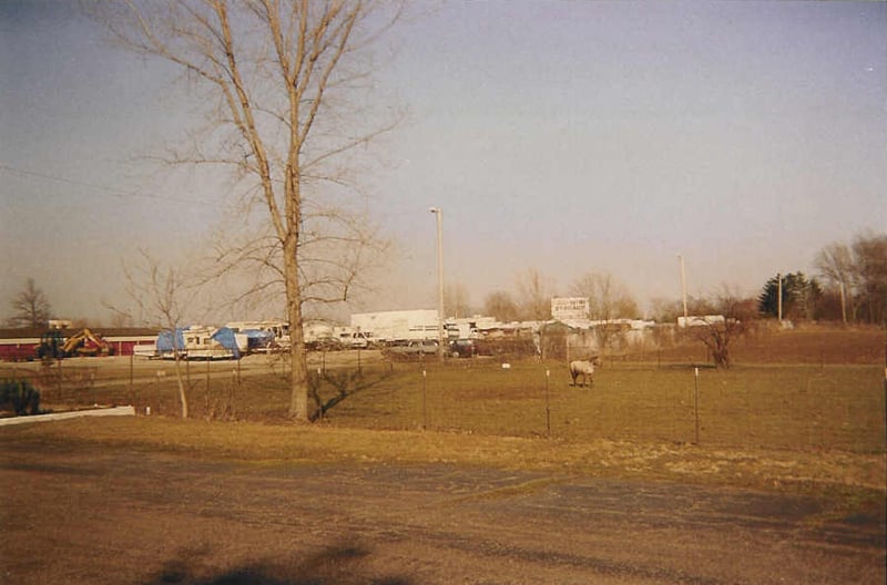 MSN TerraServer image. The image inside the black box shows the former location of the drive-in with its long entrance driveway. The site is now a storage facility. The drive-in closed at the end of August in 1985.