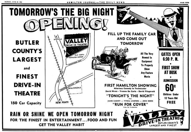 Valley Drive-in in New MiamiHamilton Ohio grand opening ad dated June 20, 1955