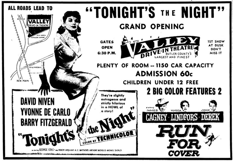 Valley Drive-in in New MiamiHamilton Ohio second day grand opening ad dated June 21, 1955.