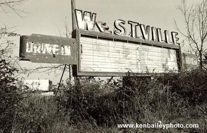 sign of the Westville Drive-In Theater in New Westville, OH near Richmond, IN, taken in 1982.