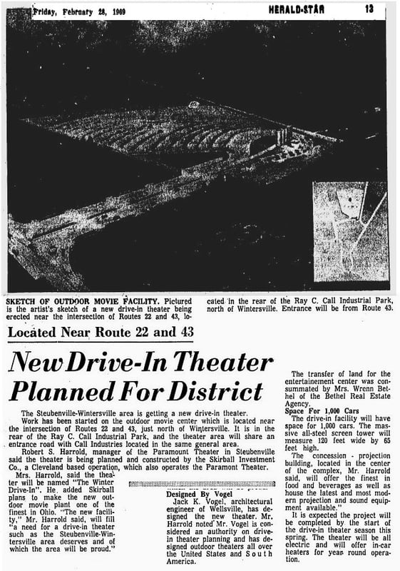 Newspaper article on construction of the upcoming Winter Drive-in Theater, which would open in September of that year.