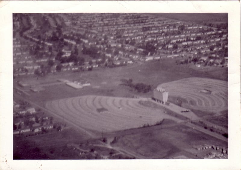 Air shot of the Admiral. Notice a portion of the original entry road that ran from Admiral Pl. At this time their address was 9400 E. Admiral Pl., Tulsa 15, Okla.