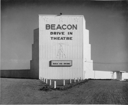The Beacon Drive-In shortly before the opening in 1950, the marquee reads "watch for opening."