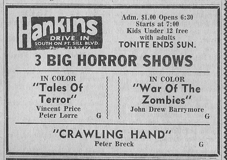 Ad in entertainment section of The Lawton Constitution March 13, 1970 pg. 26.