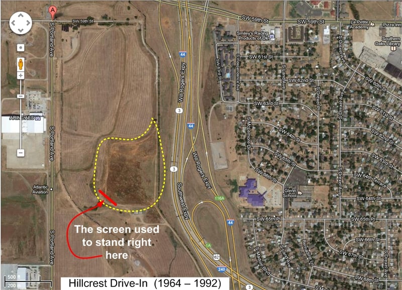 Although the drive-in was addressed on SW 59th street, I'm pretty sure we used to enter from Portland.  Driving south on I-44, you could see what was playing on summer nights just before making the bend eastward on I-240.  So many memories ...