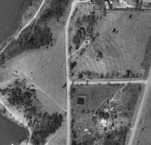 Aerial View of closed Lakeside.  Parking area visible.  Just east of the lake, north of Pawnee.