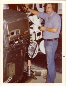 Riverside Booth shot. Strong "Mighty Ninety" lamphouse with Brenkart head and base.This was taken of me in the early 70's.