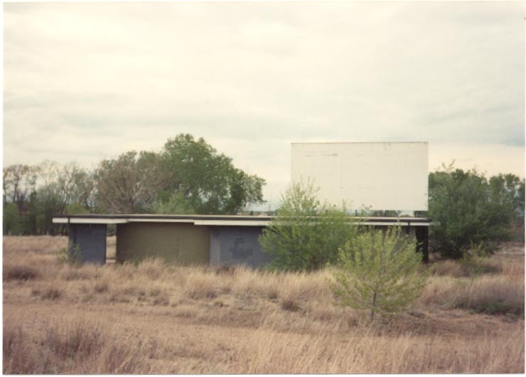 Screen tower with projection building in foreground, Stadium Drive-In, Alva OK