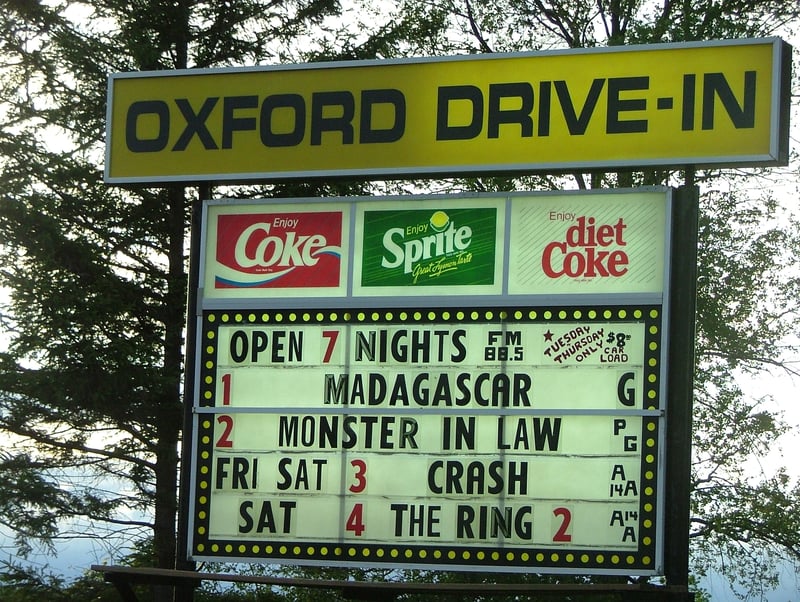 Picture of Oxford Drive-In board with list of movies.