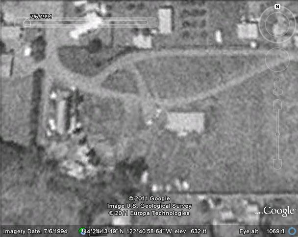 U.S. Geological Survey photo of the Santiam Drive-In location in Sweet Home, Oregon. A few details of the old drive-in can still be made out.